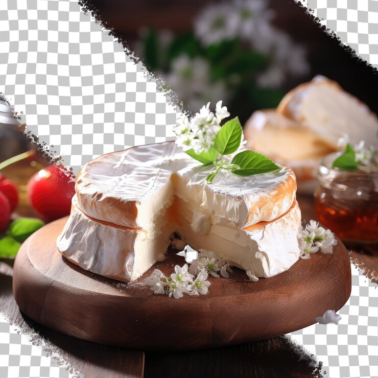 PSD queso camembert en un fondo rústico transparente delicioso y cremoso