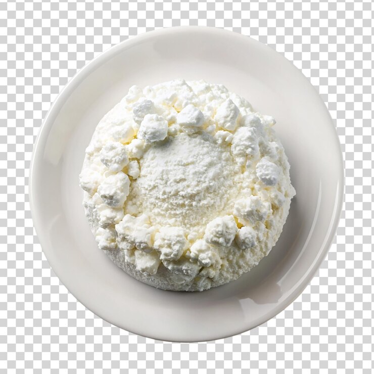 PSD queso cottage de leche en una placa blanca aislada sobre un fondo transparente