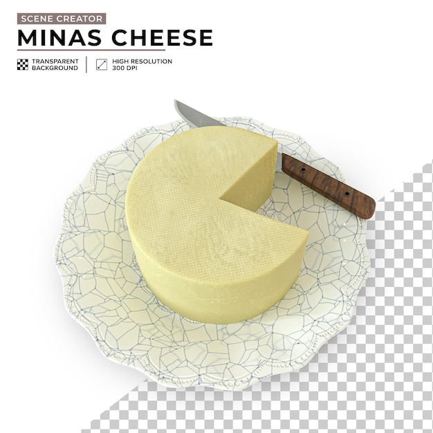 Queso de minas en un plato con una rebanada cortada y un cuchillo en el lado en el fondo