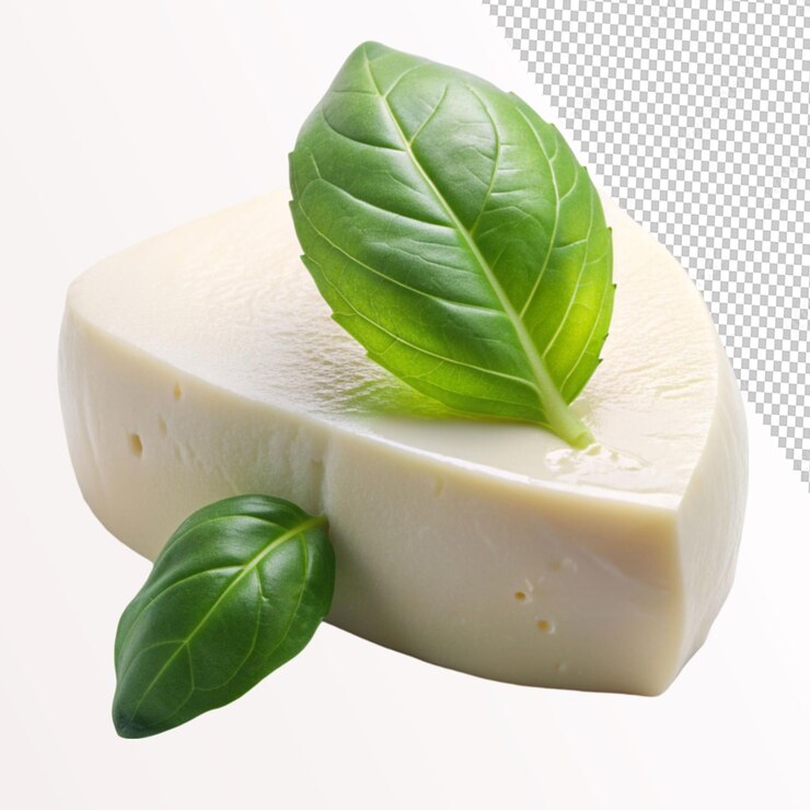 PSD queso mozzarella con hojas sobre un fondo transparente