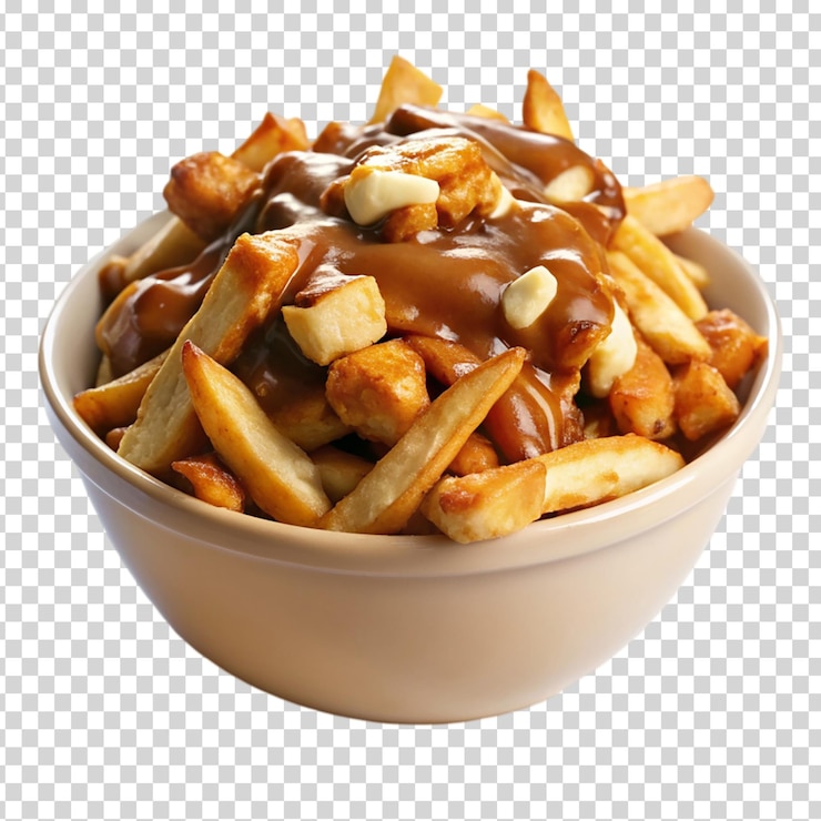 PSD queso y papas fritas cubiertas de salsa en un cuenco sobre un fondo transparente