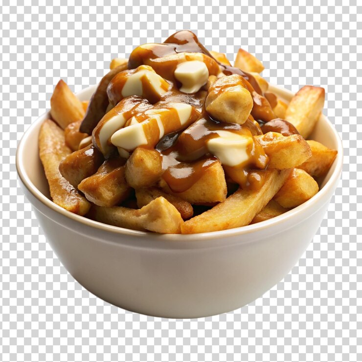 PSD queso y papas fritas cubiertas de salsa en un cuenco sobre un fondo transparente