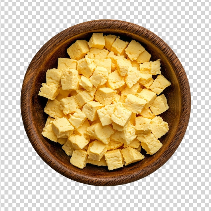 PSD queso tofu en cuenco de madera vista de arriba aislado sobre un fondo transparente