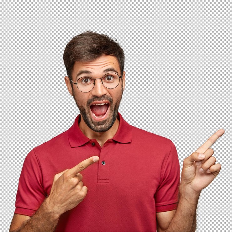 PSD quiero ver algo increíble hombre feliz y entusiasta señala en la esquina superior derecha con ambos dedos índice