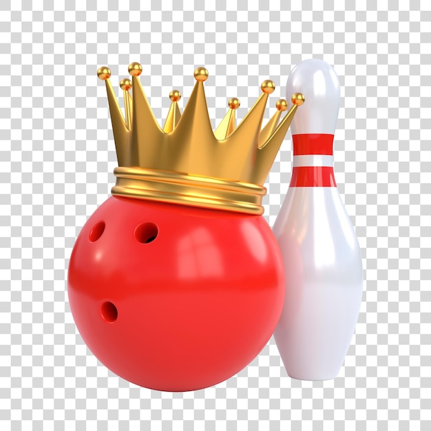 Quilles et boule de bowling rouge couronnées d'une couronne d'or isolées sur fond blanc rendu 3D