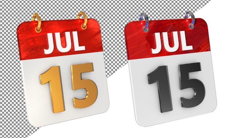 PSD quince 15 de julio fecha icono 3d aislado amplificador de oro renderizado 3d brillante