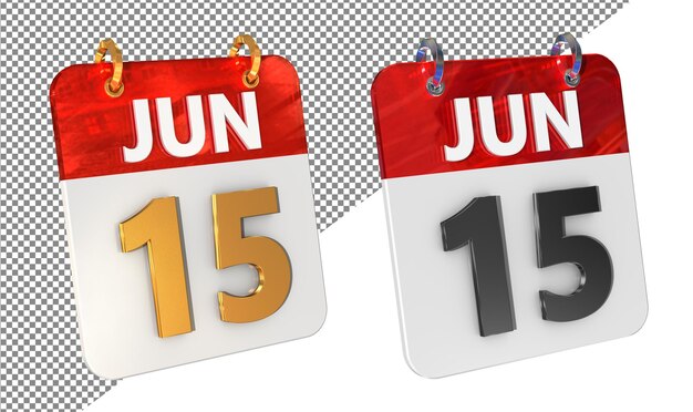 Quince 15 de junio Fecha Icon 3D aislado Amplificador de oro brillante Renderización 3D