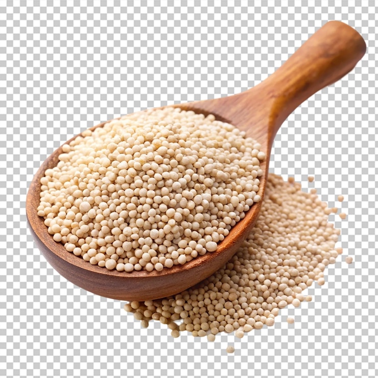 PSD quinoa blanca en cuchara de madera aislada sobre un fondo transparente