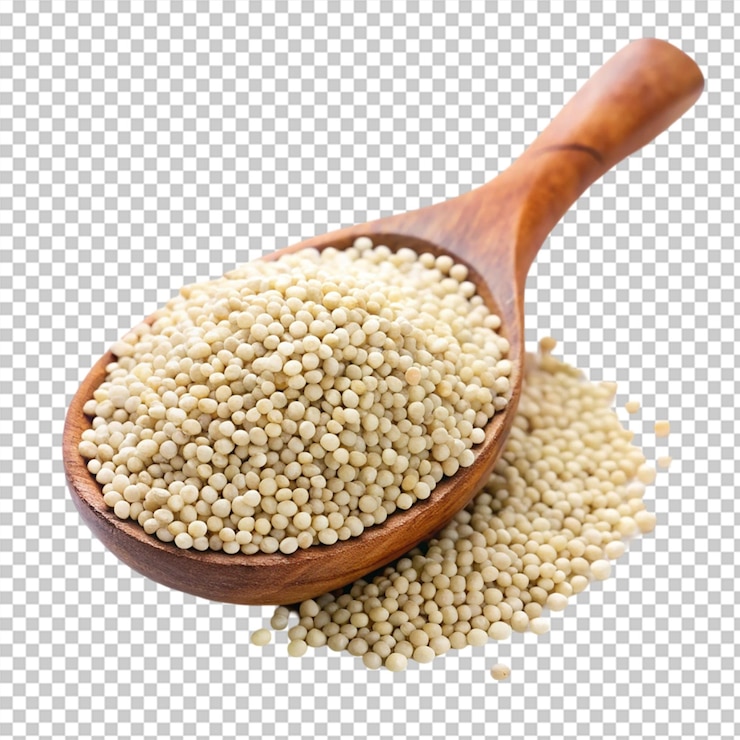 PSD quinoa blanca en cuchara de madera aislada sobre un fondo transparente