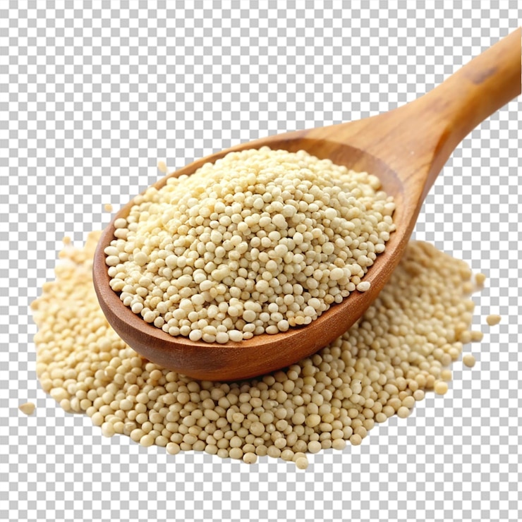 PSD quinoa blanca en cuchara de madera aislada sobre un fondo transparente