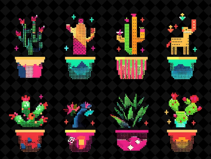 PSD quirky planters 8 bit pixel con formas de animales y bright co png colección de diseño único y2k