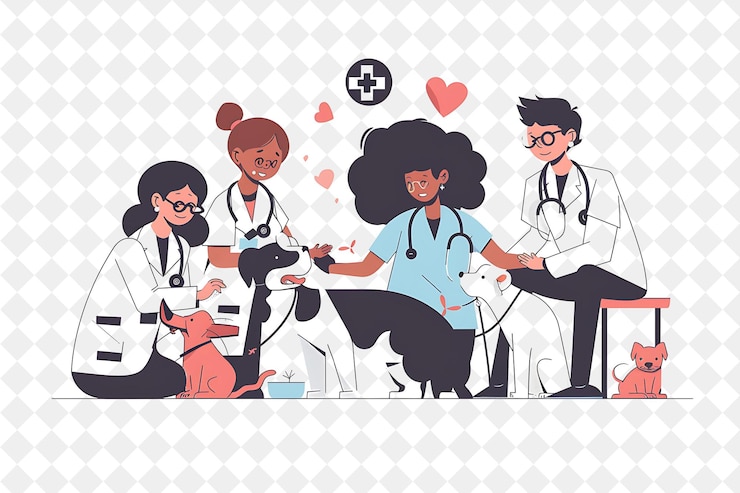 PSD quirky veterinario con personajes que cuidan de animales y p png gente en la ilustración de trabajo diario