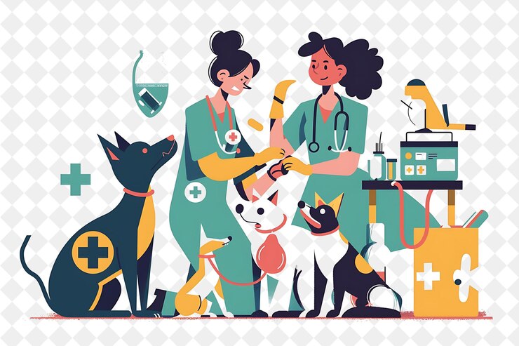 PSD quirky veterinario con personajes que cuidan de animales y p png gente en la ilustración de trabajo diario