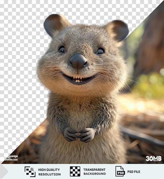 PSD quokka sonriendo en la isla rottnest australia con un árbol borroso en el fondo las características de quokka incluyen una oreja marrón y un ojo negro