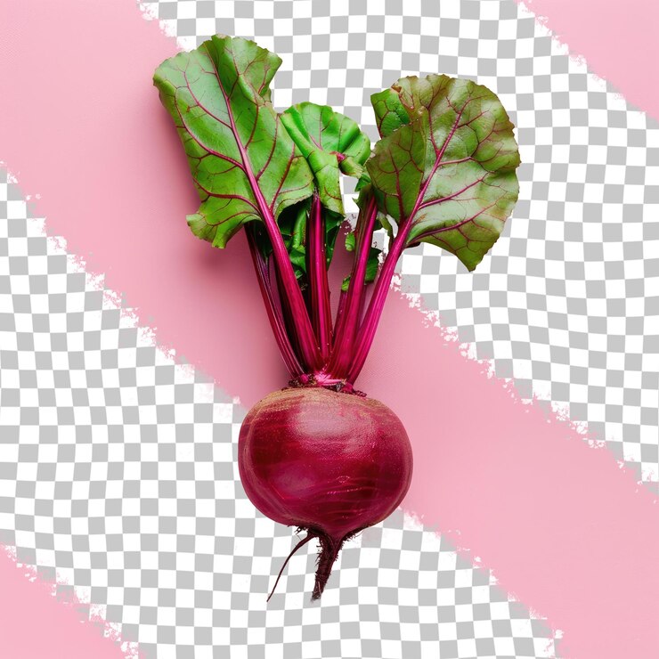 PSD un rábano púrpura con hojas verdes en un fondo rosa