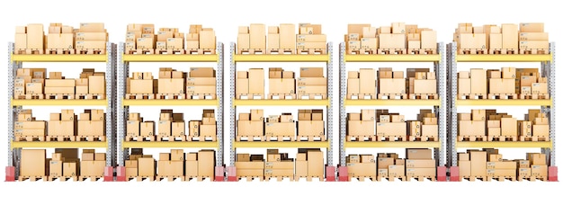 Racchi per pallet pieni di scatole di cartone e pacchi rendering 3D isolati su sfondo trasparente