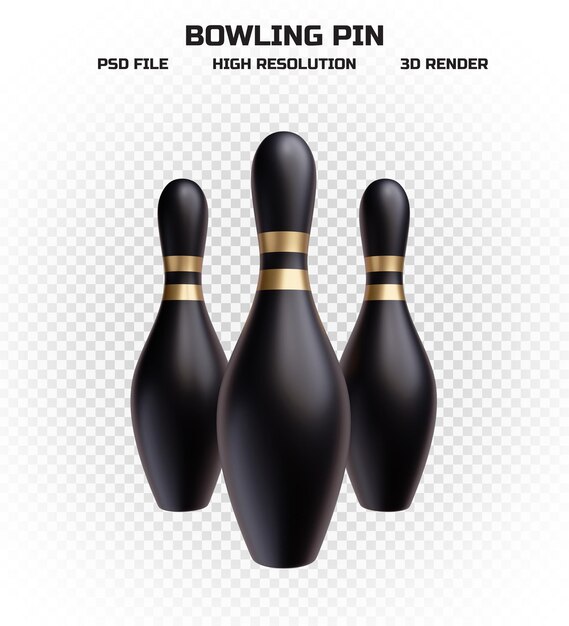 Raccolta di 3d rendering birilli da bowling neri con strisce dorate in alta risoluzione