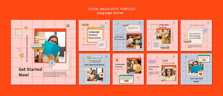 PSD raccolta di post di instagram di classi di lingua straniera in stile interfaccia computer