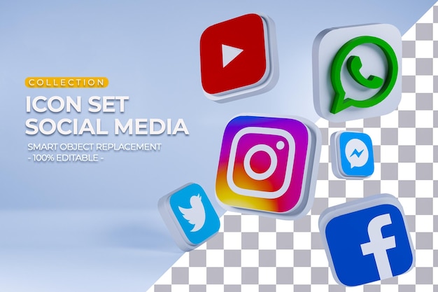 Raccolta di set di icone di social media 3d rendering