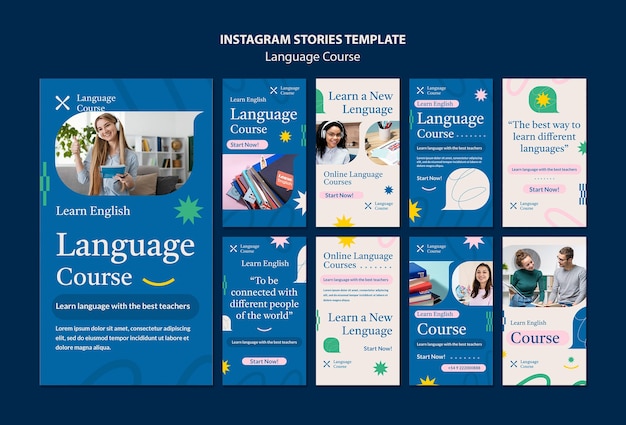 Raccolta di storie di instagram del corso di lingua con scarabocchi astratti