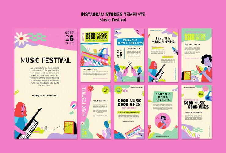 PSD raccolta di storie di instagram del festival musicale in stile astratto