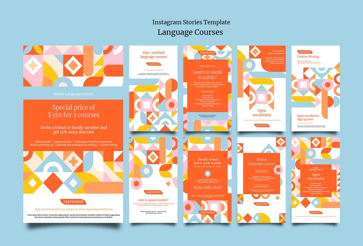 PSD raccolta di storie di instagram di lezioni di lingua straniera con forme geometriche