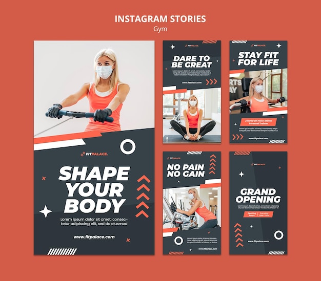 Raccolta di storie di Instagram per l'allenamento in palestra con una donna che indossa una maschera medica