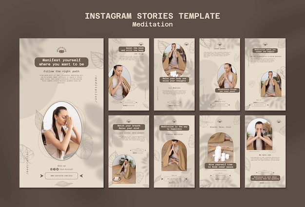 Raccolta di storie di Instagram per la meditazione yoga con design a foglie