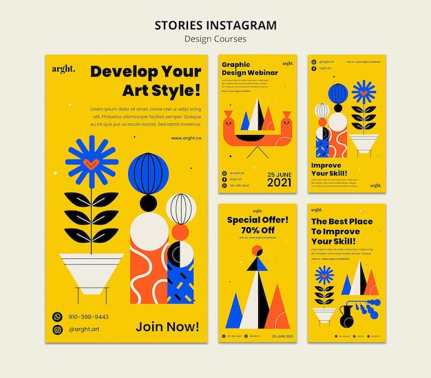 Raccolta di storie di Instagram per lezioni di graphic design