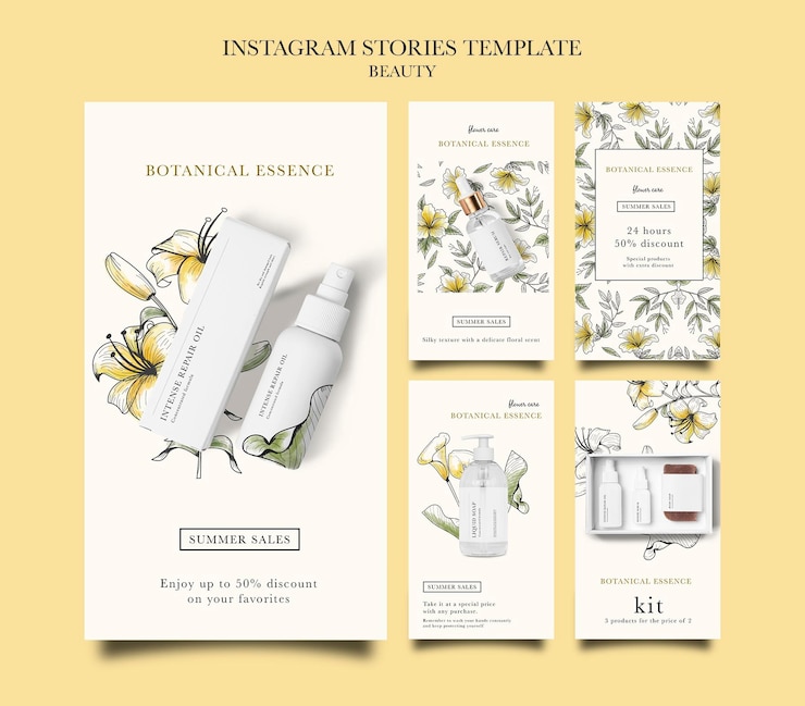 PSD raccolta di storie di instagram per prodotti di bellezza con fiori disegnati a mano