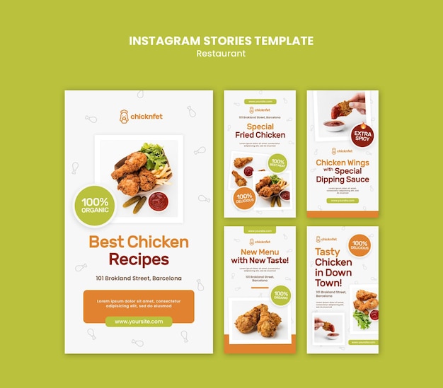 Raccolta di storie di Instagram per ristorante di piatti di pollo fritto