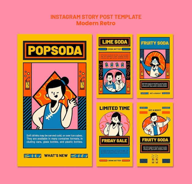 Raccolta di storie Instagram con design vintage moderno per bevande analcoliche