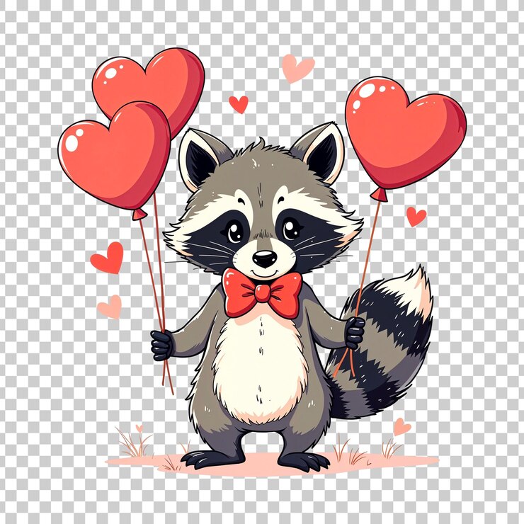PSD raccoon con globos de corazón en un fondo transparente