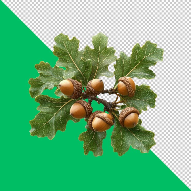 PSD un racimo de bellotas en una rama de roble con hojas verdes exuberantes