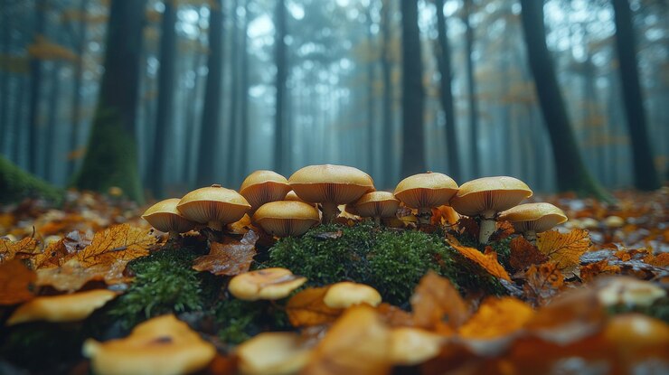 PSD un racimo de setas que crece en el suelo del bosque rodeado de hojas caídas y musgo con un fondo de bosque nebuloso