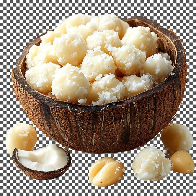 Los racimos de nueces de macadamia dulces aislados sobre un fondo transparente
