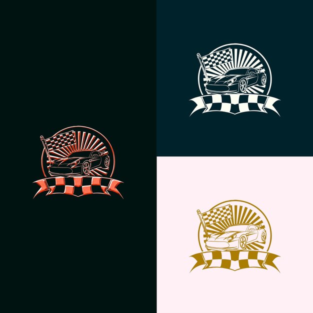 PSD racing game award medal logo mit einer schachflagge und einem auto kreative und einzigartige vektordesigns