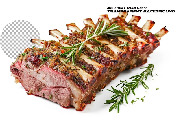 PSD un rack d'agneau succulent recouvert d'herbes aromatiques sur un fond transparent