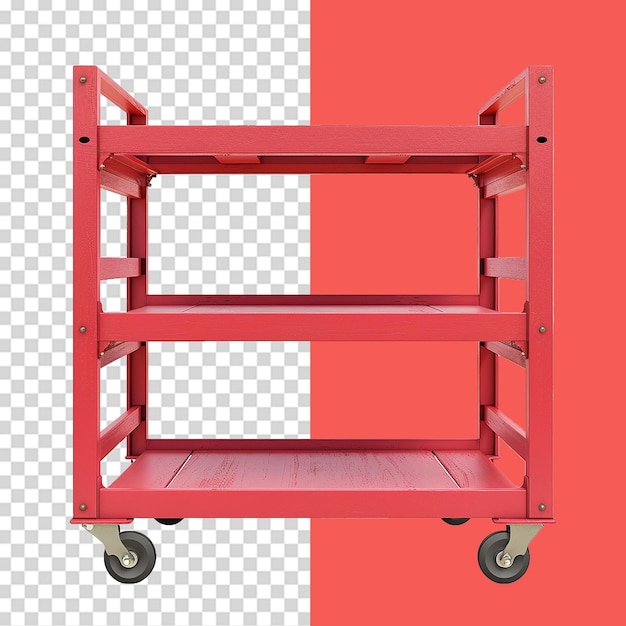 Rack en contreplaqué rouge avec roues isolées sur fond transparent