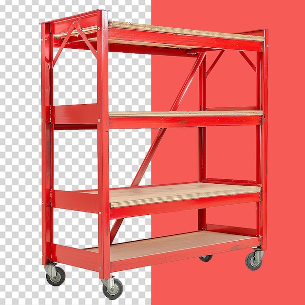 Rack en contreplaqué rouge avec roues isolées sur fond transparent