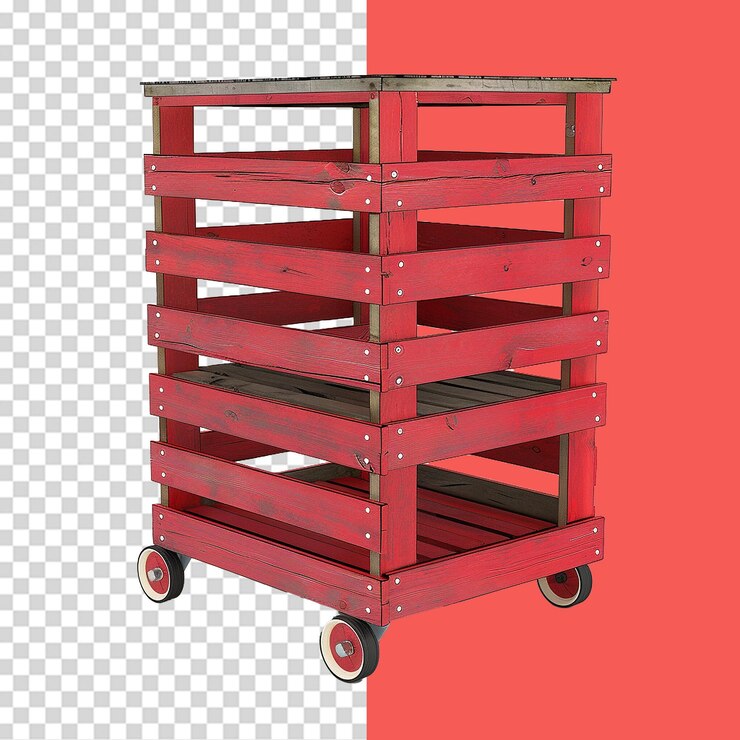PSD rack de madeira compensada vermelha com rodas png isoladas em fundo transparente