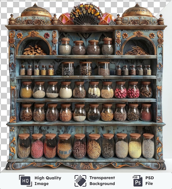 PSD rack d'épices traditionnel du ramadan affichant une variété d' épices dans des jarres en verre, y compris un pot rouge sur une étagère en bois contre un mur blanc