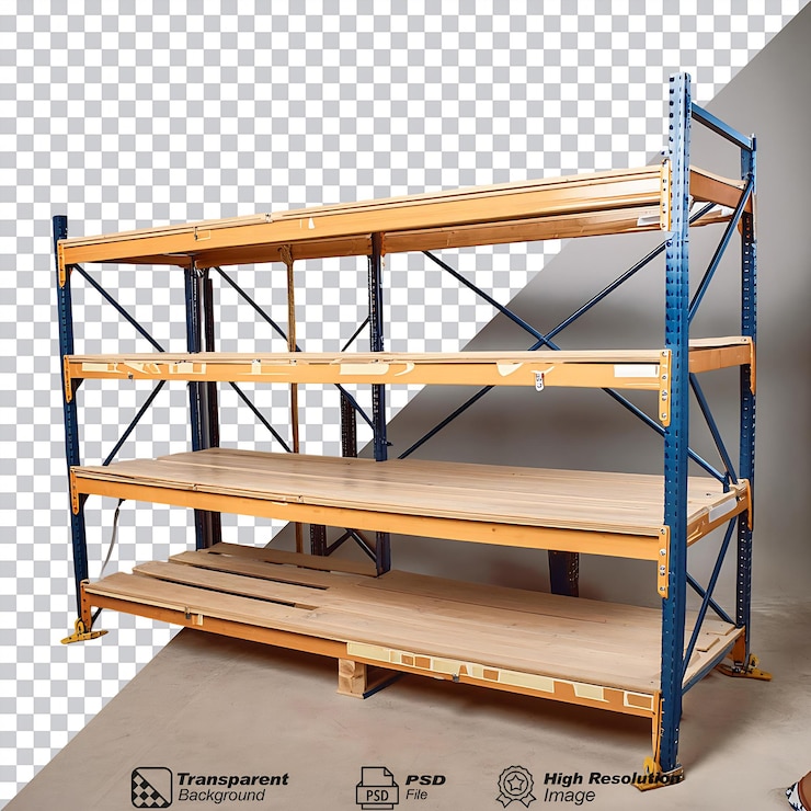 PSD rack in legno di magazzino isolato su sfondo trasparente