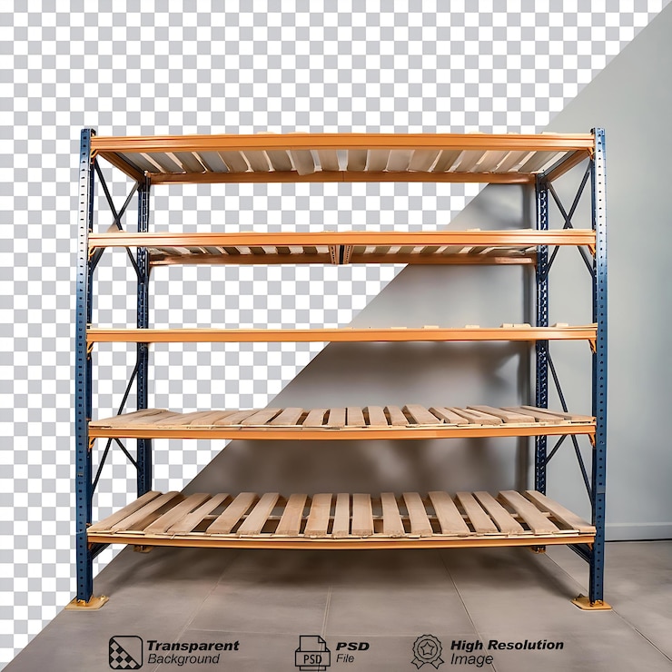 PSD rack in legno di magazzino isolato su sfondo trasparente