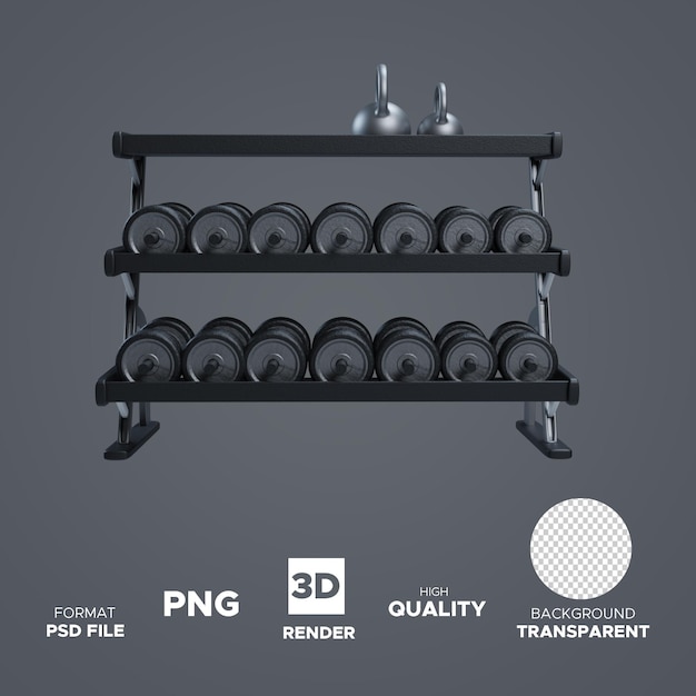 PSD un rack noir avec des haltères et les mots png png png dans le coin inférieur droit.