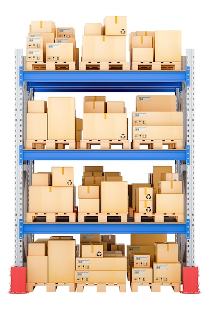 Rack à palettes rempli de boîtes en carton et de colis 3D isolés sur un fond transparent