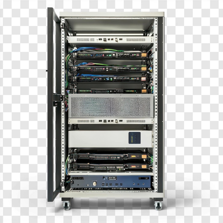 PSD rack-server mit sichtbaren komponenten, die auf einem transparenten hintergrund isoliert sind