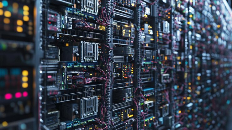 PSD rack de serveur complexe avec câblage et composants complexes