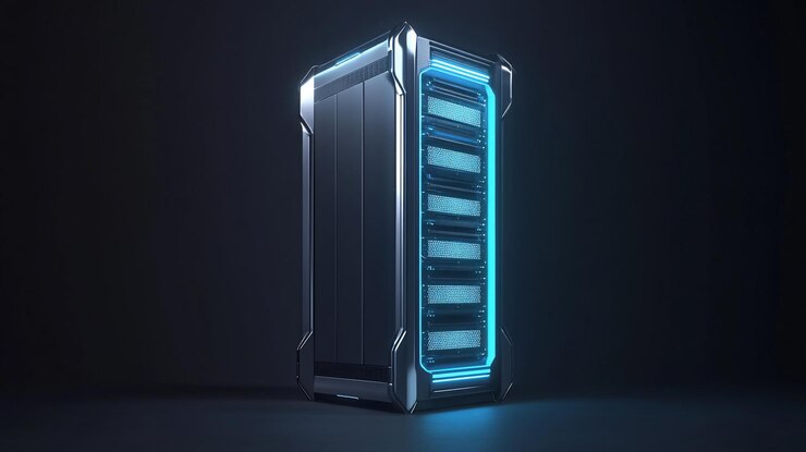PSD rack de serveur futuriste avec des accents bleus brillants isolés sur un fond sombre