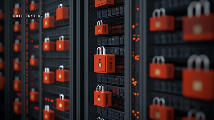 PSD rack de servidores de centro de datos seguro con iconos de candados que ilustran la ciberseguridad y la protección de datos
